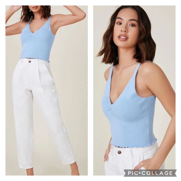 Ice Blue Crop Ribbed Knit V Neck Tank - Picture 6 of 11